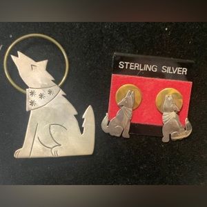Vintage sterling silver handmade Werewolf earrings, 925 &  brooch